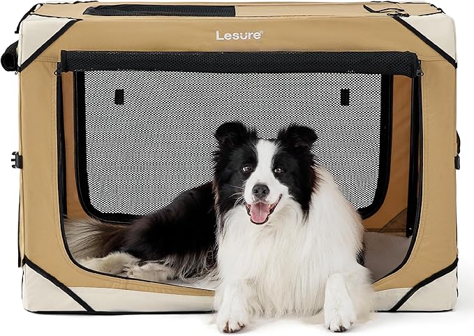 Lesure Collapsible Dog Crate - Portable Dog Travel Crate Kennel for Large Dog, 4-Door Pet Crate with Durable Mesh Windows, Indoor & Outdoor (Yellow)