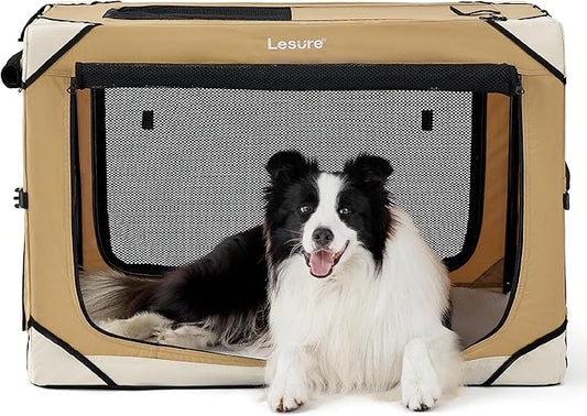 Lesure Collapsible Dog Crate - Portable Dog Travel Crate Kennel for Large Dog, 4-Door Pet Crate with Durable Mesh Windows, Indoor & Outdoor (Yellow)