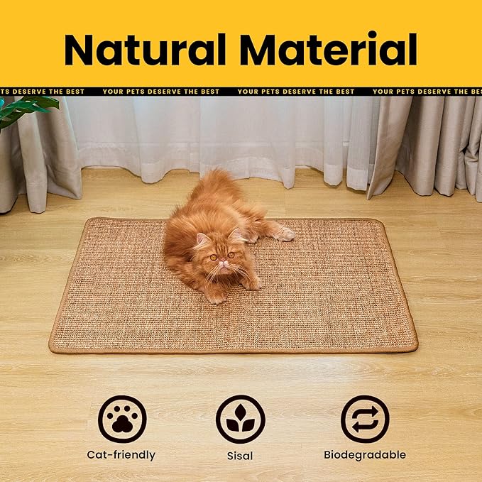 Cat Scratcher Mat,Natural Sisal Cat Scratch Pad with Sticky Velcro Tapes,Horizontal Floor Cat Scratching Pads Rug for Indoor Cats,Cat Furniture Protector for Couch&Carpets&Sofas(L,31.5"X23.6")