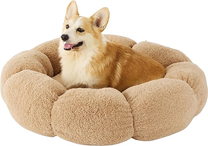 Lesure Calming Large Dog Bed - Flower Donut Round Fluffy Puppy Bed in Plush Teddy Sherpa, Non-Slip Cute Flower Dog Beds, Large Pet Bed Fits up to 100 lbs, Machine Washable, Camel 36"