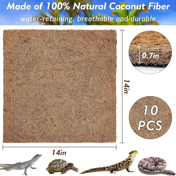 ZeeDix 10 Pieces Coconut Fiber Reptile Substrate Mat, 14 x 14 inches Natural Coco Coir Mat Turtle Bedding Tortoise Carpet Reptile Terrarium Liner for Lizard Snake Turtle Gecko Bearded Dragon