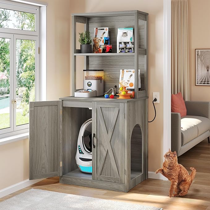 DWVO Large Hidden Litter Box Furniture with Shelves and Charging Station, Wooden Enclosure for Self-Cleaning Litter Boxes, Grey