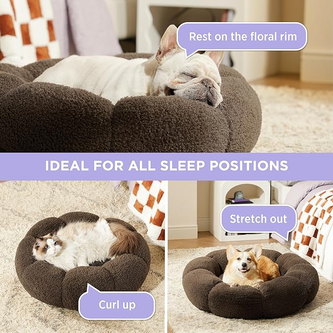Lesure Calming Small Dog Bed - Flower Donut Round Fluffy Puppy Bed in Plush Teddy Sherpa, Non-Slip Cute Flower Cat Beds for Indoor Cats, Small Pet Bed Fits up to 25 lbs, Machine Washable, Espresso 23"