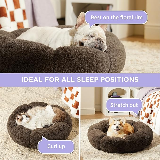 Lesure Calming Cat Beds for Indoor Cats - Cute Flower Pet Beds in Teddy Sherpa Plush, Donut Round Fluffy Puppy Bed, Non-Slip Extra Small Dog Bed Fits up to 15 lbs, Machine Washable, Espresso 20"