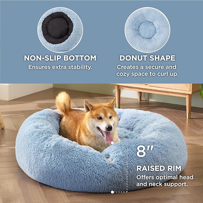 Bedsure Calming Dog Bed for Medium Dogs - Donut Washable Medium Pet Bed, Anti-Slip Round Fluffy Plush Faux Fur Cat Bed, Fits up to 45 lbs Pets, Blue, 30 inches