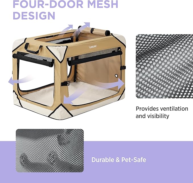 Lesure Collapsible Dog Crate - Portable Dog Travel Crate Kennel for Large Dog, 4-Door Pet Crate with Durable Mesh Windows, Indoor & Outdoor (Yellow)