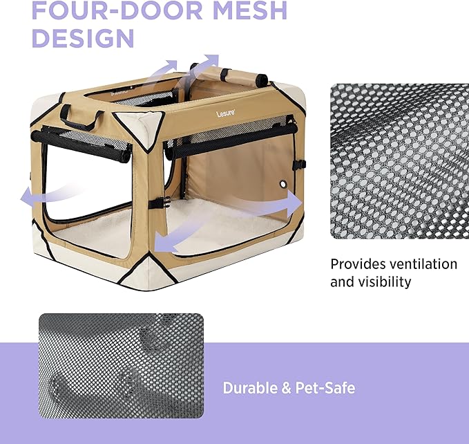 Lesure Collapsible Dog Crate - Portable Dog Travel Crate Kennel for Small Dog, 4-Door Pet Crate with Durable Mesh Windows, Indoor & Outdoor (Yellow)