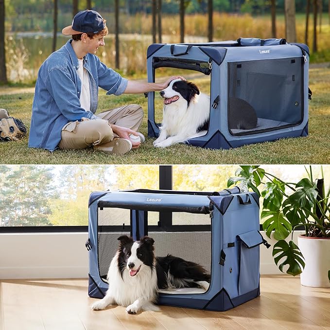 Lesure Collapsible Dog Crate - Portable Dog Travel Crate Kennel for Extra Large Dog, 4-Door Pet Crate with Durable Mesh Windows, Indoor & Outdoor (Blue)
