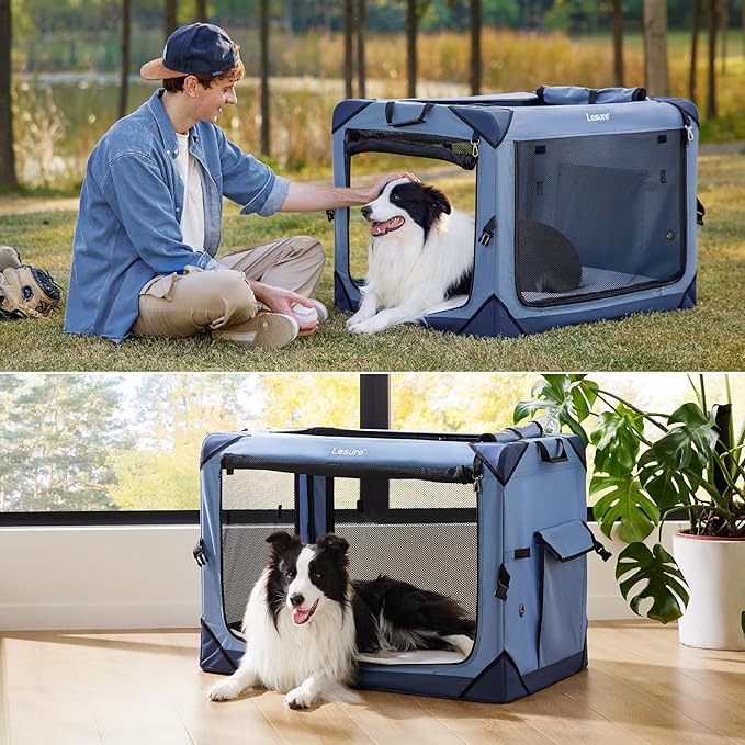 Lesure Collapsible Dog Crate - Portable Dog Travel Crate Kennel for Medium Dog, 4-Door Pet Crate with Durable Mesh Windows, Indoor & Outdoor (Blue)