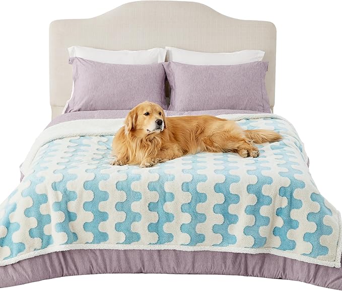 Lesure Waterproof Dog Blanket for Large Dogs - Washable Double Sided Dog Blankets with Warm Jacquard Shag and Soft Sherpa Fleece, Pet Cat blanket for Bed Protection, 3D Textured Wave, Blue