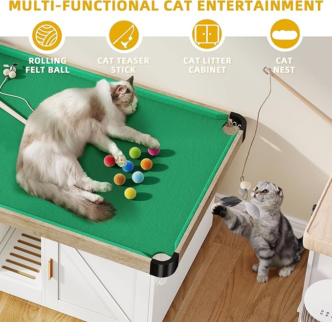 DWVO Cat Litter Box Enclosure for 2 Cats, Litter Box Enclosure Furniture Hidden with Double Room, 2-in-1 Wooden Cat Cabinet with Mini Pool Table Tower, 2 Feather Teaser Sticks & 8 Felt Balls, White