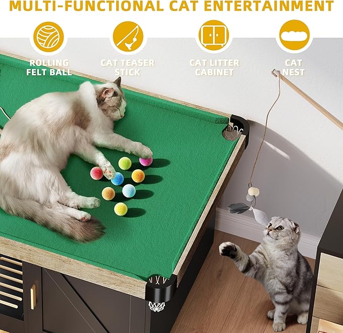 DWVO Cat Litter Box Enclosure for 2 Cats, Litter Box Enclosure Furniture Hidden with Double Room, 2-in-1 Wooden Cat Cabinet with Mini Pool Table Tower, 2 Feather Teaser Sticks & 8 Felt Balls, Black