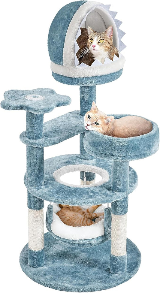 Yaheetech 45.5in Ocean-Themed Cat Tree Multi-Level Cat Tower, Plush Cat Furniture with Shark's Mouth-Shaped Nest, Sea Star-Shaped Perch, Jellyfish-Style Hammock for Indoor Cat Kitty