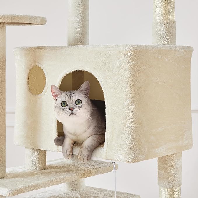 Yaheetech XL Cat Tree, 80in Multi-Level Cat Tower w/Cat Scratching Posts, Double Cat Condo, Perched Platforms and Dangling Balls, Cat Stand House for Kittens Pet, Beige