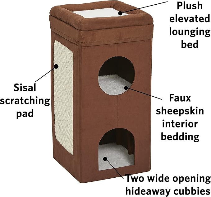 MidWest Homes for Pets Cat Condo | Tri-Level Design in Brown Faux Suede & Synthetic Sheepskin | 14.6L x 14.72W x 30.39H Inches