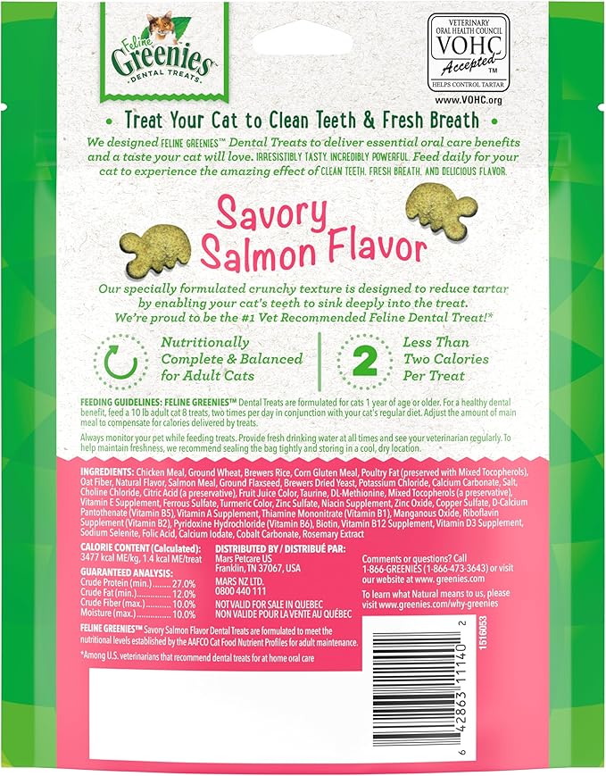 Greenies Feline Adult Natural Dental Care Cat Treats, Savory Salmon Flavor, 4.6 oz. Pouch