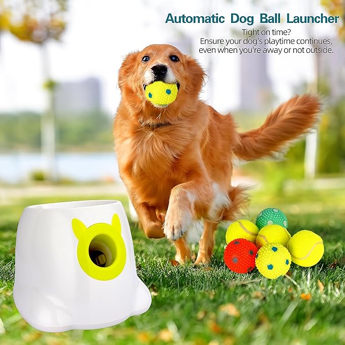 Automatic Dog Ball Thrower Launcher Dog Fetch Machine for Small to Medium Sized Dogs Adjustable Launch Distances Ball Launcher for Dogs with 6 Balls Dual Power Ball Thrower for Dogs