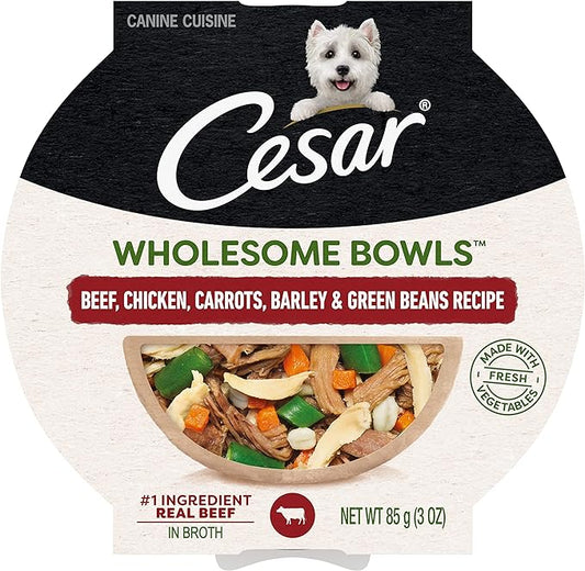 CESAR WHOLESOME BOWLS Adult Soft Wet Dog Food Beef, Chicken, Carrots, Barley & Green Beans Recipe, (10) 3 oz. Bowls