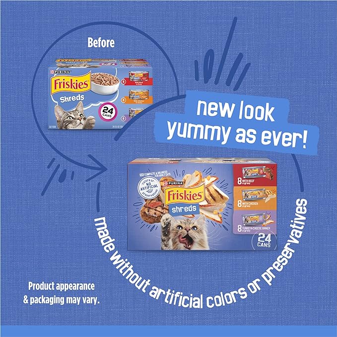 Purina Friskies Gravy Wet Cat Food Variety Pack, Shreds Beef, Chicken and Turkey & Cheese Dinner - (Pack of 24) 5.5 oz. Cans