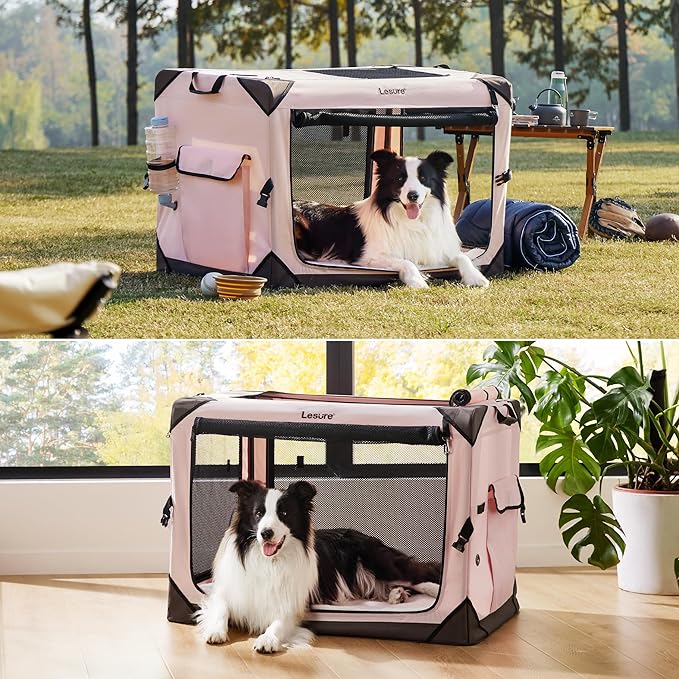 Lesure Collapsible Dog Crate - Portable Dog Travel Crate Kennel for Medium Dog, 4-Door Pet Crate with Durable Mesh Windows, Indoor & Outdoor (Pink)