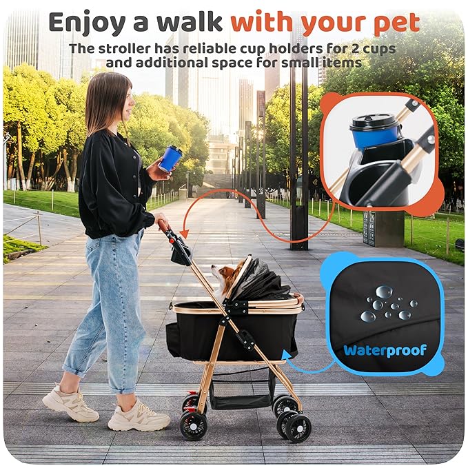 Dog Stroller, Pet Stroller, Cat Stroller – Zipperless Entry, Easy Fold with Removable Liner, Storage Basket + Cup Holder (Black)