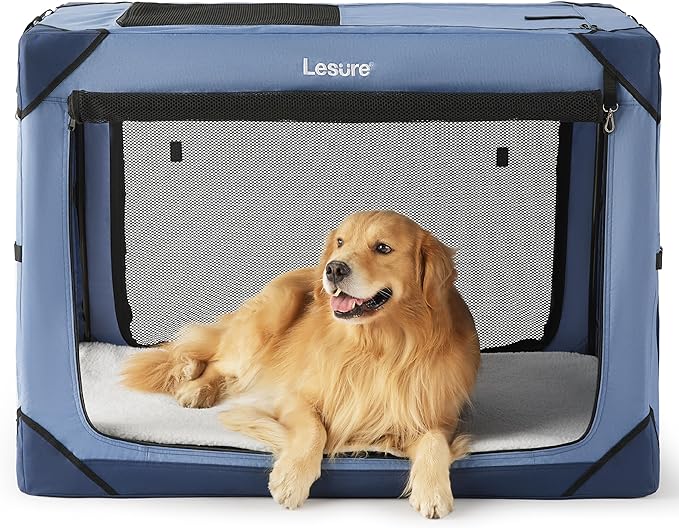 Lesure Collapsible Dog Crate - Portable Dog Travel Crate Kennel for Extra Large Dog, 4-Door Pet Crate with Durable Mesh Windows, Indoor & Outdoor (Blue)
