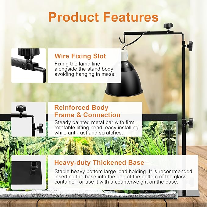 Simple Deluxe Height Adjustable Reptile Lamp Stand Metal Floor Light Holder Basking Lamp Support Bracket, for Terrarium Heating Light and Dome lampshade, Large,Black