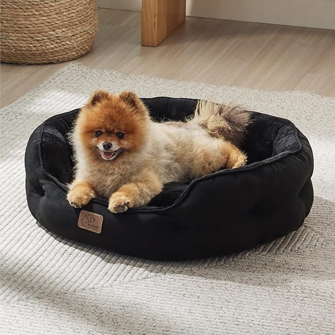 Bedsure Dog Beds for Small Dogs - Round Cat Beds for Indoor Cats, Washable Pet Bed for Puppy and Kitten with Slip-Resistant Bottom, 20 Inches, Black