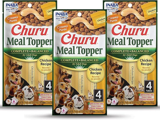 INABA Churu Meal Topper for Dogs, Complete & Balanced, Creamy, Lickable Purée Dog Food Topper, 0.5 Ounce Tube, 12 Tubes (4 per Pack) Chicken Recipe