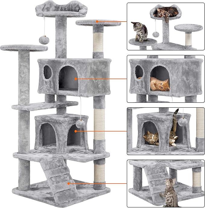 Yaheetech 54in Cat Tree Cat Tower w/Scratching Posts, Double Condos and Dangling Balls Kittens Pet House Play, Light Gray