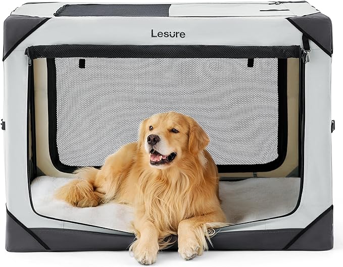 Lesure Collapsible Dog Crate - Portable Dog Travel Crate Kennel for Extra Large Dog, 4-Door Pet Crate with Durable Mesh Windows, Indoor & Outdoor (Light Gray)