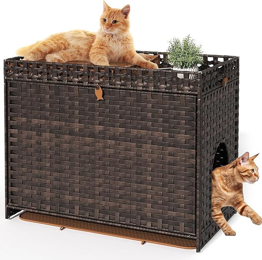 YITAHOME Cat Litter Box Enclosure with Soft Litter Mat, Hidden Litter Box Furniture Large Handwoven Rattan Cat House with Support Bars for Living Room, Bedroom, Balcony (Brown)