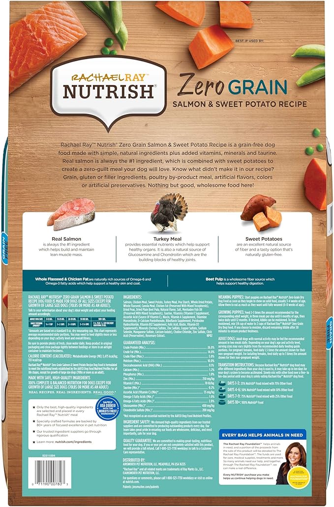 Rachael Ray Nutrish Zero Grain Dry Dog Food, Natural Dog Food with Added Vitamins, Minerals & Taurine, Salmon & Sweet Potato Recipe, 23 Pounds