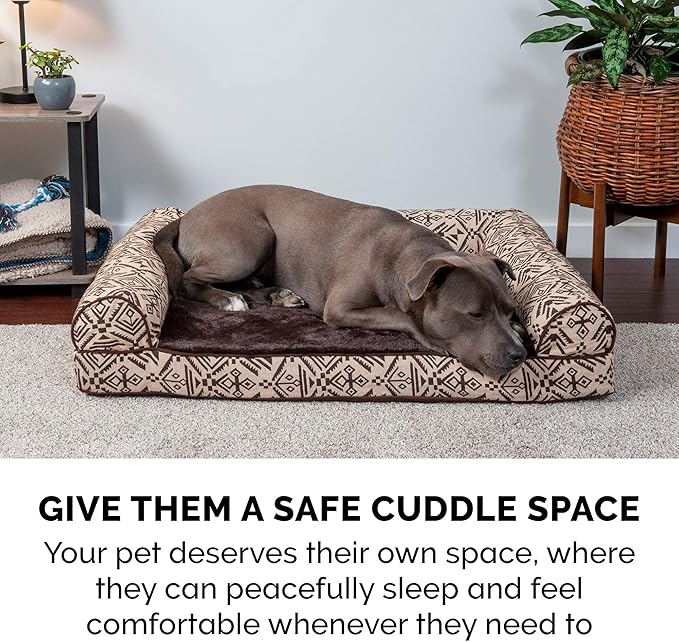 Furhaven Orthopedic Dog Bed for Large Dogs w/ Removable Bolsters & Washable Cover, For Dogs Up to 125 lbs - Plush & Southwest Kilim Woven Decor Sofa - Desert Brown, Jumbo Plus/XXL
