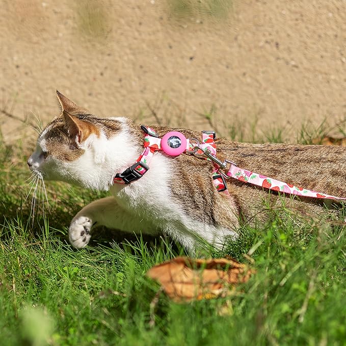 Cat Harness and Leash Escape Proof for Walking Travel Outdoor - Cute Strawberry Nylon Adjustable Cute Cat Harness Leash Set with Airtag Holder for Small Large Cats