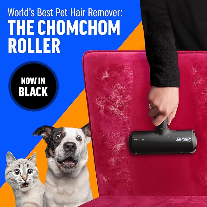 Chom Chom Roller Pet Hair Remover and Reusable Lint Roller - Black ChomChom Cat and Dog Hair Remover for Furniture, Couch, Carpet, Clothing and Bedding - Portable, Multi-Surface Fur Removal Tool