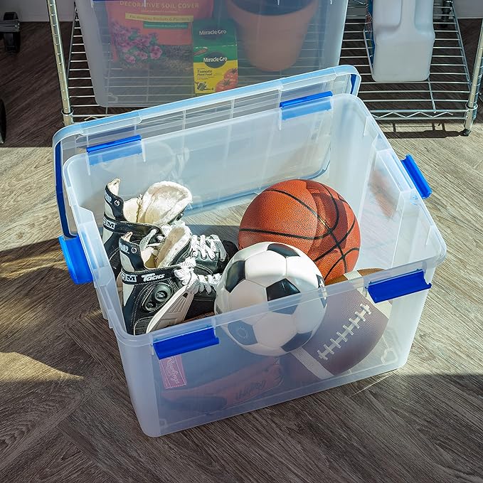 IRIS USA 74 Qt Storage Box with Gasket Seal Lid, 3 Pack - BPA-Free, Made in USA - Heavy Duty Moving Containers with Tight Latch, Weather Proof Tote Bin, WEATHERPRO - Clear/Blue