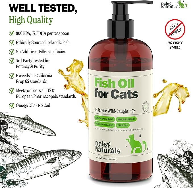 Deley Naturals Wild Caught Fish Oil for Cats - 16oz - Omega 3-6-9, GMO Free - Reduces Shedding, Supports Skin, Coat, Joints, Heart, Brain, Immune System - Highest EPA & DHA Potency – Pure Fish Oil