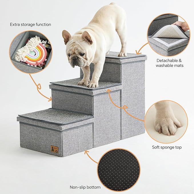 BEDELITE Dog Stairs for Small Medium or Large Dogs, 3 Tiers Dog Steps for High Bed and Couch 17" H, Foldable Pet Stairs Up to 200Lbs with Detachable Mats & Storage, Grey