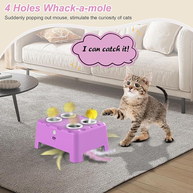 Interactive Cat Toys, 2-in-1 Automatic Cat Toy, 4 Holes Mice Whack A Mole Cat Mouse Toy with Moving Feather, Portable USB Rechargeable Electronic Kitten Toys Pink