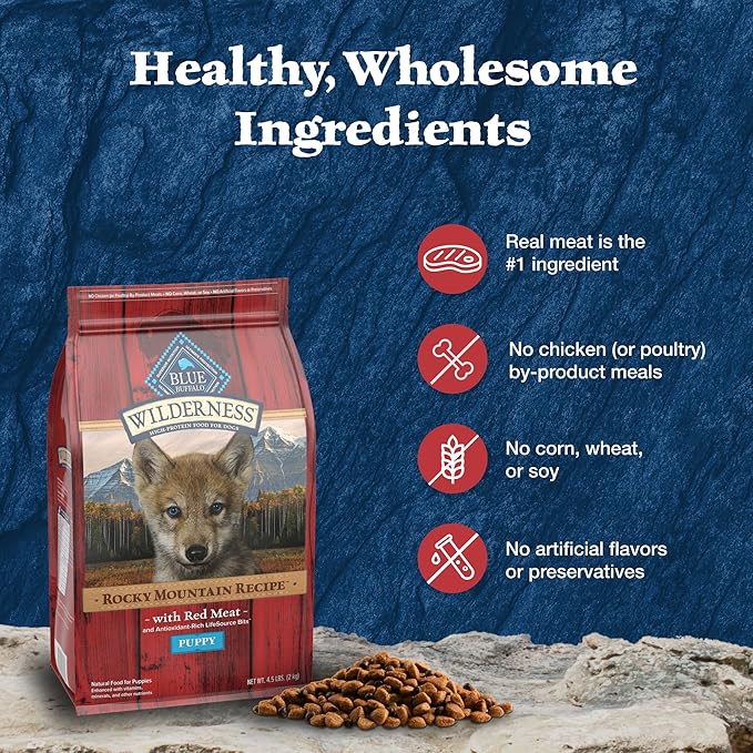 Blue Buffalo Wilderness Rocky Mountain Recipe High-Protein Dry Puppy Food with DHA, Made in the USA with Natural Ingredients Plus Wholesome Grains, Red Meat, 4.5-lb. Bag