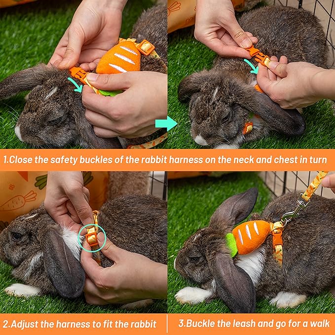 Rabbit Harness and Leash - Adjustable Bunny Harness Escape Proof for Walking Runnig Hiking Camping Outdoor - Yellow Carrot Pattern Cute Small Animal Harness Leash Set