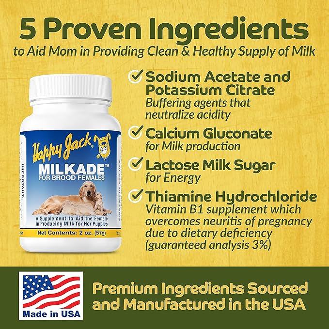 HAPPY JACK Milkade Dog Breeding & Nursing Supplies, Milk Production Aid for Female Dogs & Healthy Litter, Pregnant Prenatal Vitamin with Vitamin B1 (2 oz)