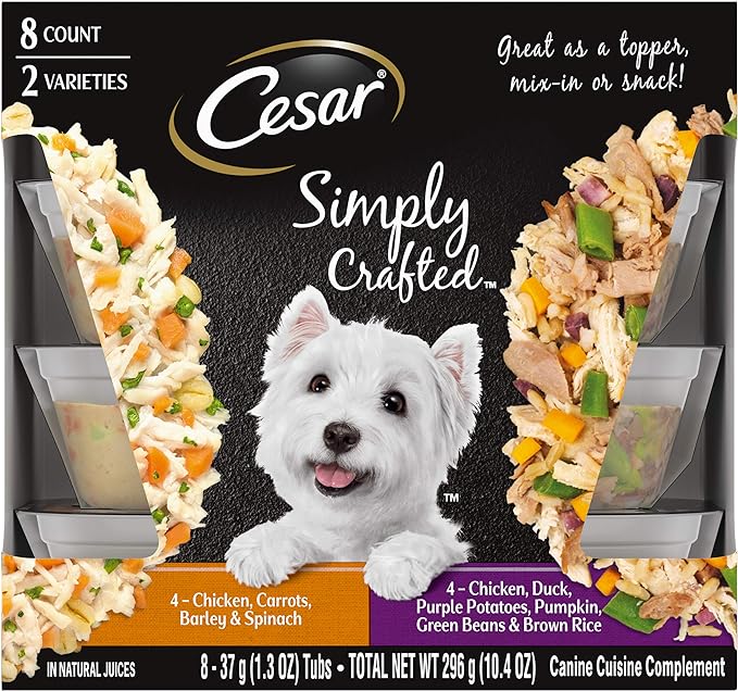 CESAR SIMPLY CRAFTED Adult Wet Dog Food Meal Topper Variety Pack, Chicken, Duck, Purple Potatoes, Pumpkin, Green Beans & Brown Rice and Chicken, Carrots, Barley & Spinach, 1.3 oz. Tubs, Pack of 8