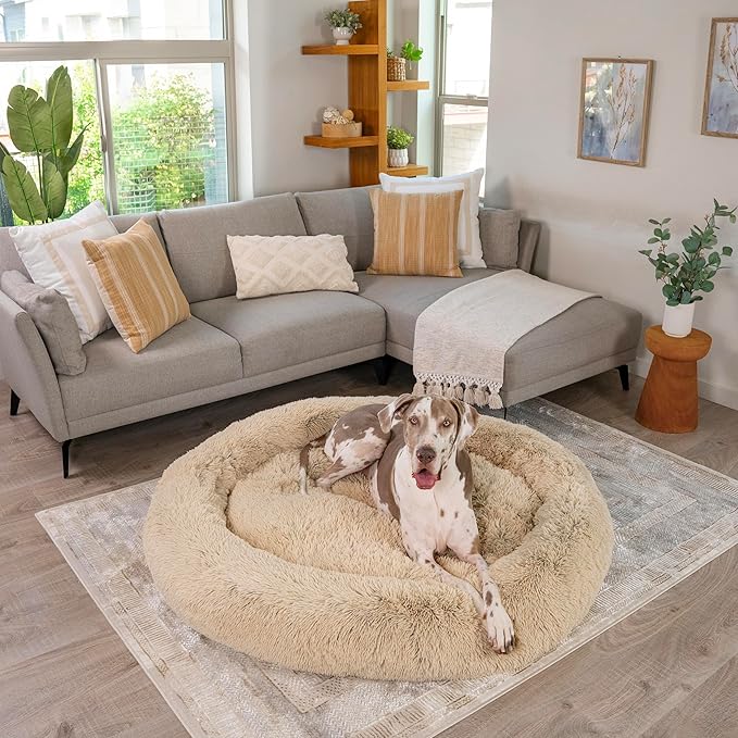 Best Friends by Sheri The Original Calming Donut Shag 2XL Dog Bed for Big Dogs, Taupe, 54"