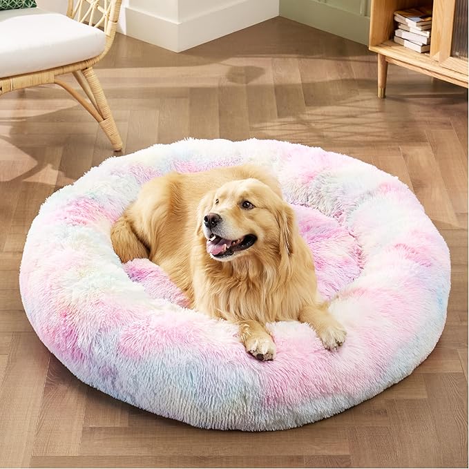 Bedsure Calming Dog Bed for Extra Large Dogs - Donut Washable Large Pet Bed, Anti-Slip Round Fluffy Plush Faux Fur Dog Bed, Fits up to 125 lbs Pets, Multi-colored, 45 inches