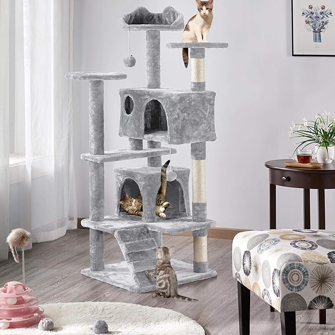 Yaheetech 54in Cat Tree Cat Tower w/Scratching Posts, Double Condos and Dangling Balls Kittens Pet House Play, Light Gray