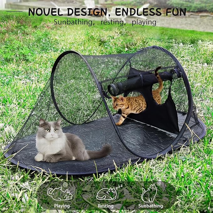 Outdoor Cat Tent with Removable Interactive Fabric,Outdoor Cat Enclosures for Indoor Cats, Portable Pet Playpen Ideal for Hiking, Traveling, and Sunbathing-Black