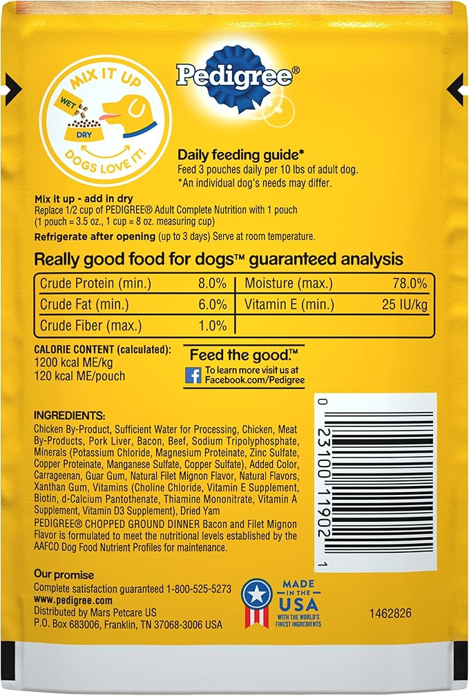 PEDIGREE CHOPPED GROUND DINNER Adult Soft Wet Dog Food, Bacon and Filet Mignon Flavor, 3.5 oz Pouches, 16 Pack