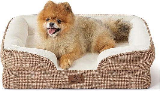 Bedsure Small Orthopedic Dog Bed - Washable Bolster Dog Sofa Beds for Small Dogs, Supportive Foam Pet Couch Bed with Removable Washable Cover, Waterproof Lining and Nonskid Bottom Couch, Brown Checks